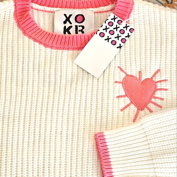 Kerri Rosenthal White & Pink Trim Heart Crew Neck Sweater - Picture 7 of 7